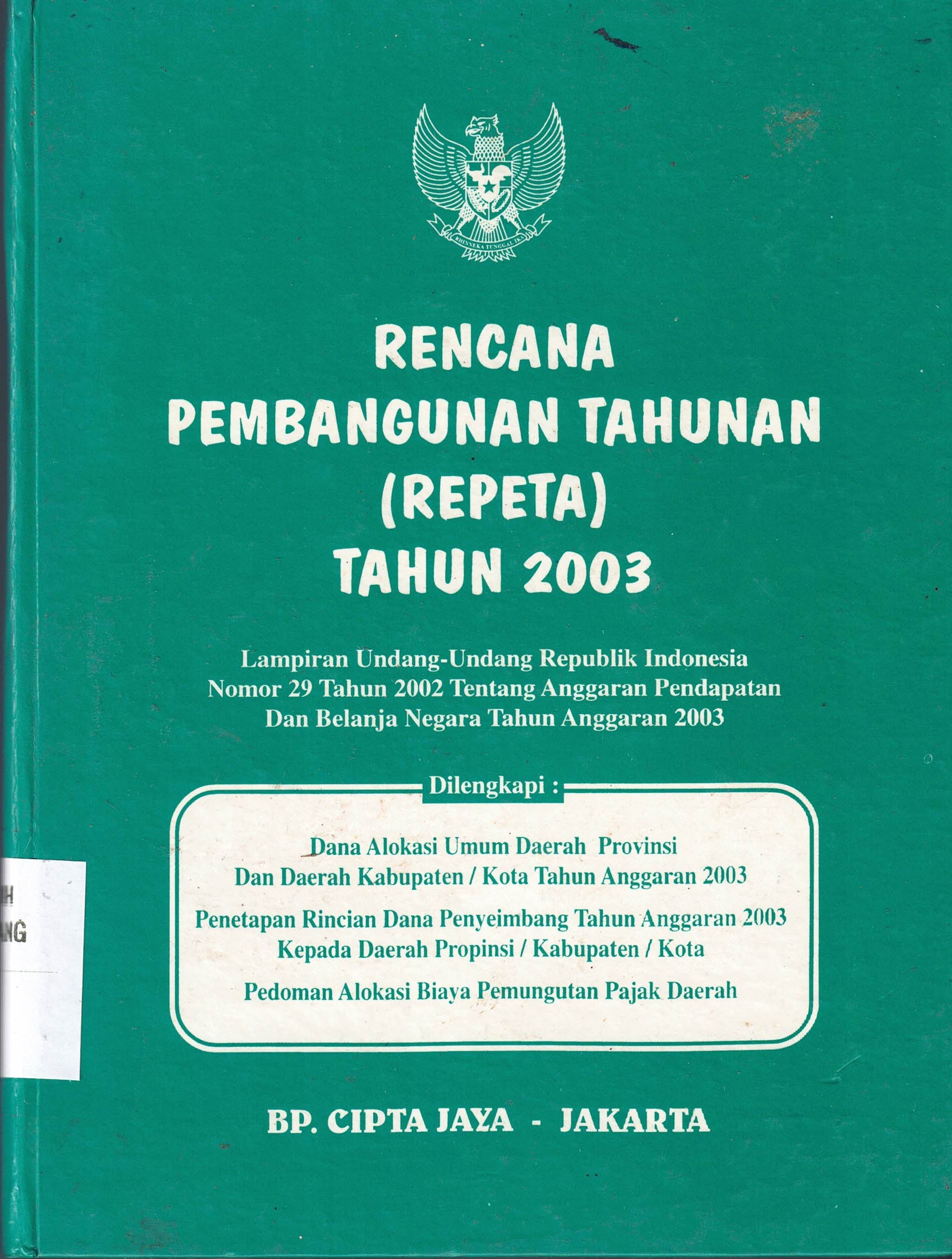 Rencana Pembangunan Tahunan (REPETA) Tahun 2003